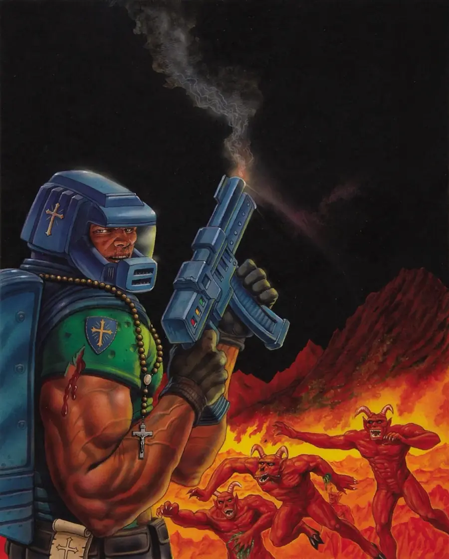 Catholic holy warrior in power armor, rosary and crucifix, holding the line against demons in hell